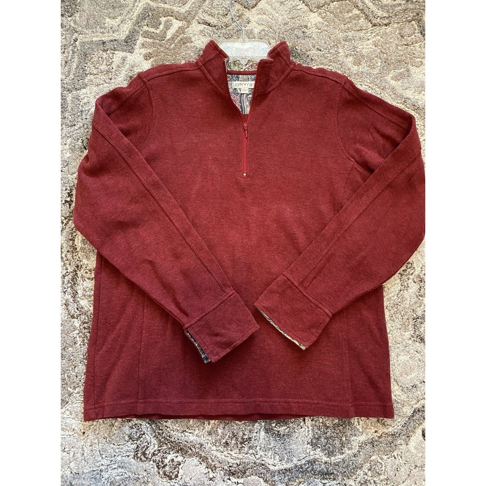 ORVIS Womens Trimmed 1/4 Zip Sweatshirt Sz L Red Paisley Flip Cuff Pullover